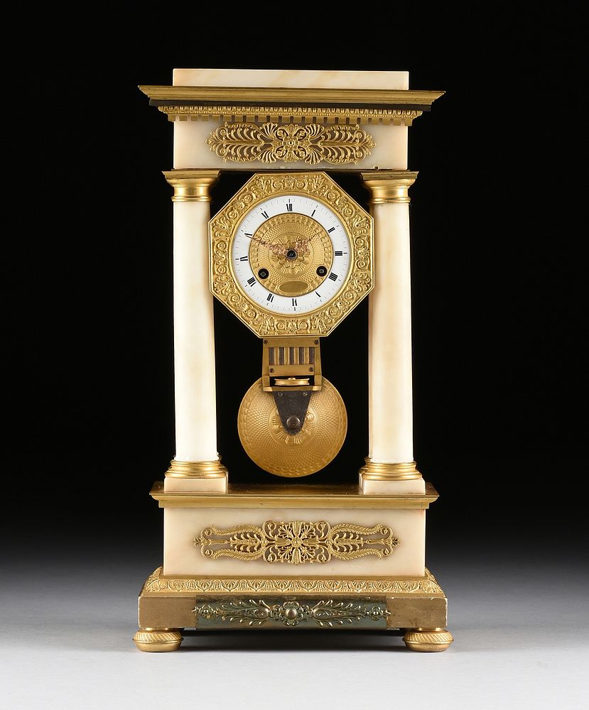 Appraisal: A RESTAURATION GILT BRONZE MOUNTED WHITE ALABASTER PORTICO CLOCK s