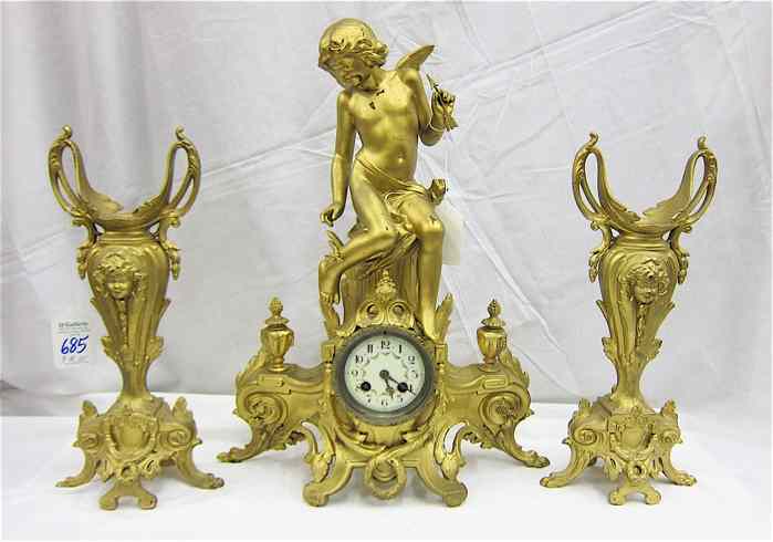 Appraisal: THREE-PIECE GILDED METAL CLOCK SET Samuel Marti Medaille d'Or movement