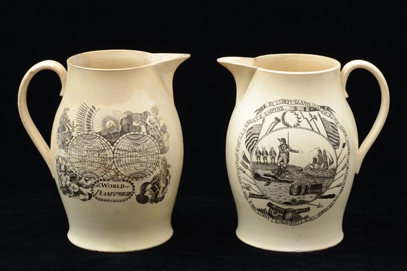 Appraisal: PAIR OF LIVERPOOL TYPE TRANSFER-PRINTED CIDER JUGS Each with two