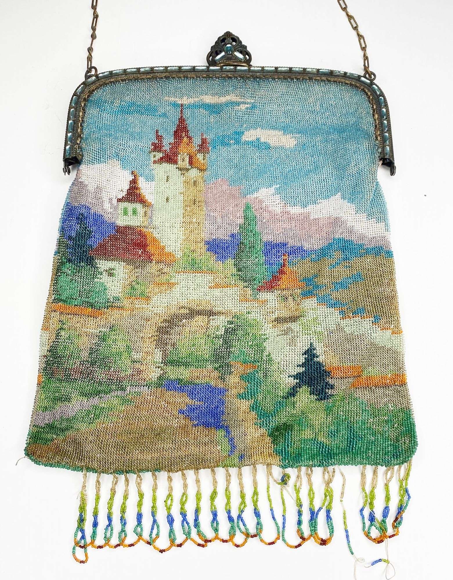 Appraisal: Micro Beaded Hand Bag with Castle Scene long at widest