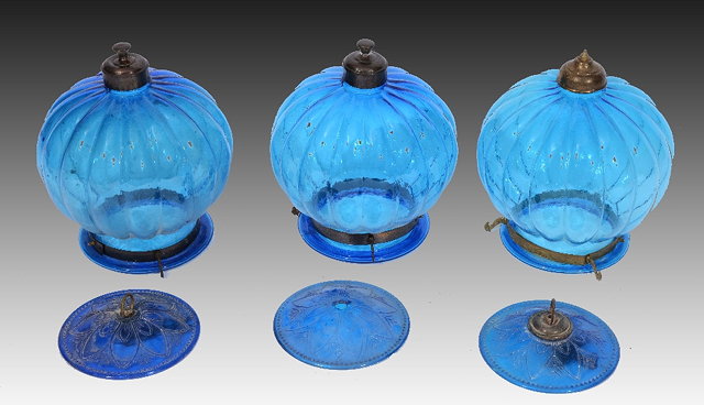 Appraisal: A SET OF THREE BLUE GLASS CEILING LIGHTS OF LOBED