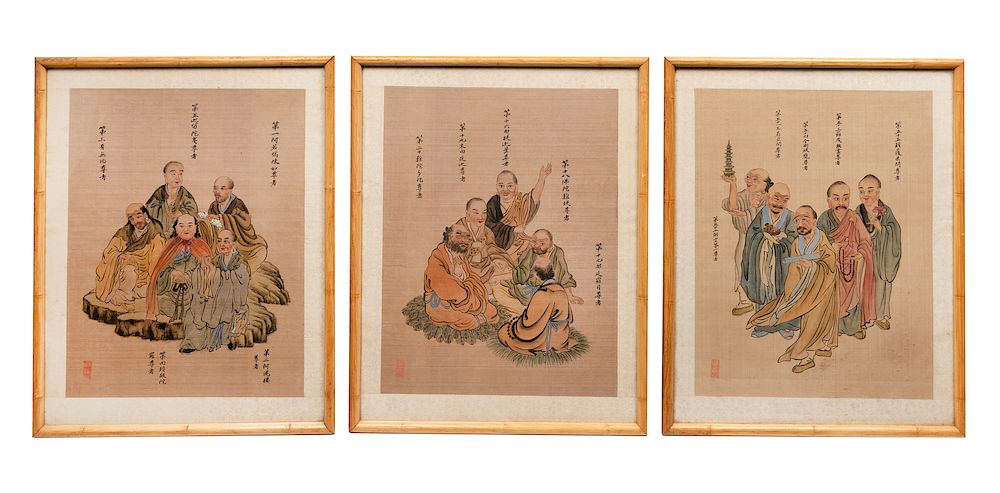 Appraisal: Three Chinese Ink and Color on Silk Paintings Image height