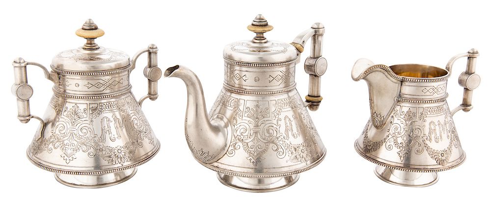 Appraisal: A RUSSIAN GILT SILVER PAN-SLAVIC THREE-PIECE COFFEE SERVICE WORKMASTER PEKKA