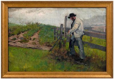 Appraisal: Painting attributed to Thomas Lindsay man with shovel by a