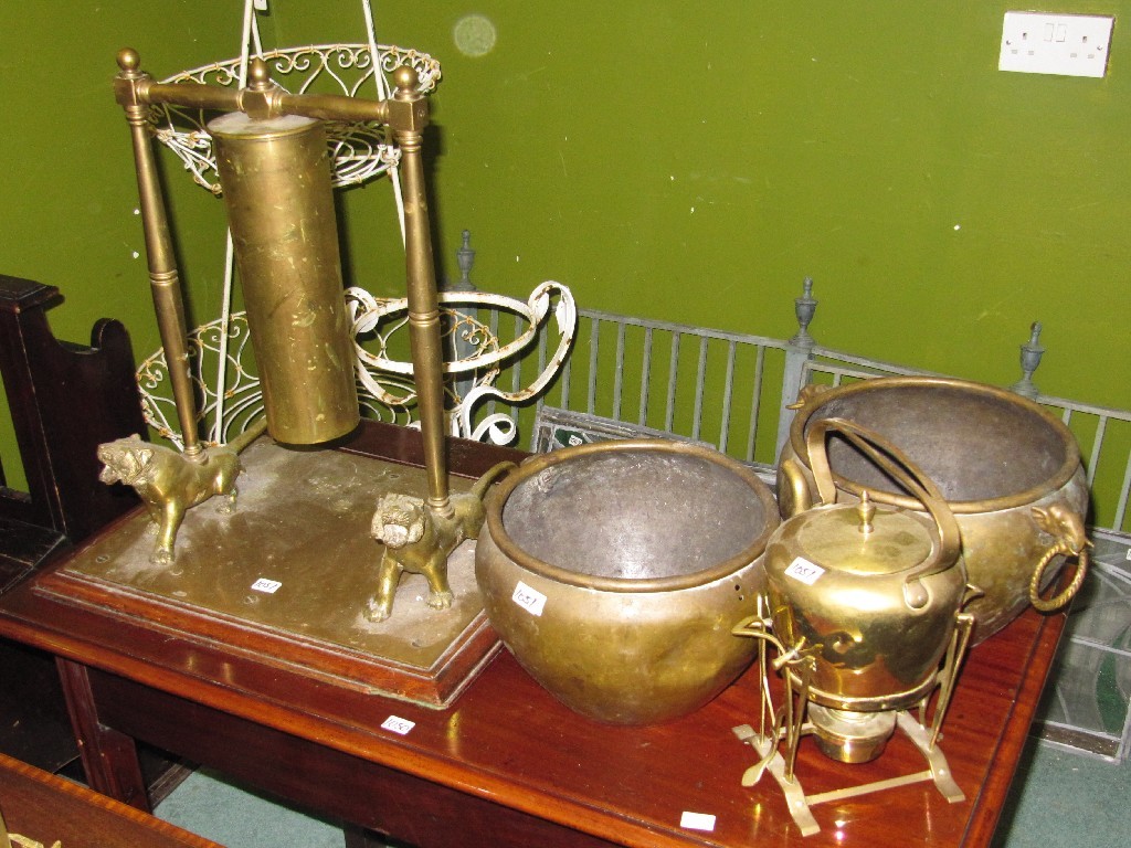 Appraisal: Arts and Crafts brass spirit kettle on stand two jardinieres