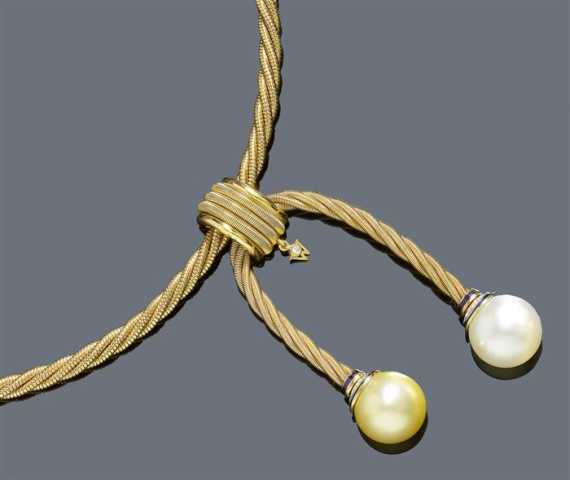 Appraisal: GOLD PEARL AND DIAMOND NECKLACE WELLENDORF Yellow gold g Fancy