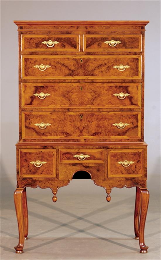 Appraisal: Queen Anne style walnut and burl highboy molded cornice over