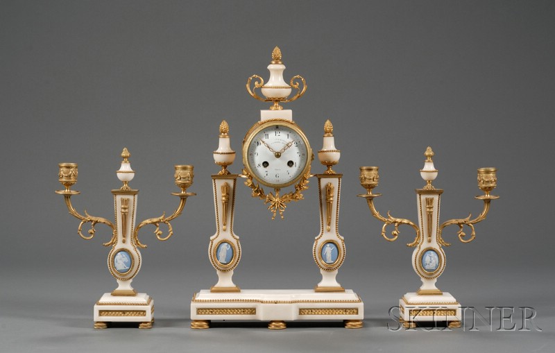 Appraisal: Three Piece Wedgwood Jasper-mounted Clock Garniture England France th century