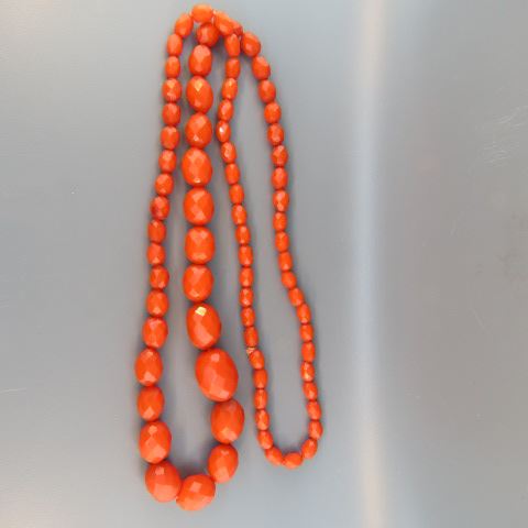 Appraisal: Rare Fire Orange Amber Necklace graduated faceted beads Victorian long