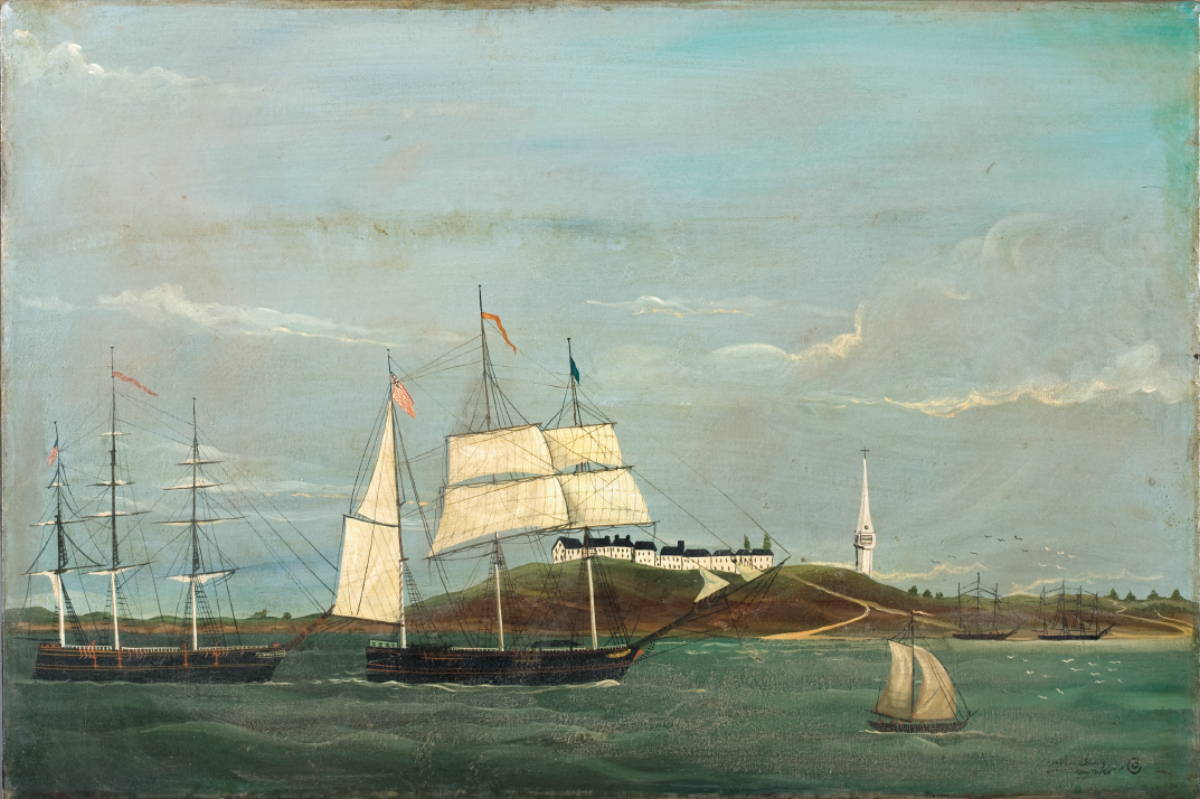 Appraisal: PRIMITIVE PAINTING OF SHIPS OFF THE NANTUCKET COAST Oil on