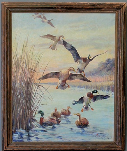 Appraisal: Oil on canvas painting of mallard ducks in a marsh