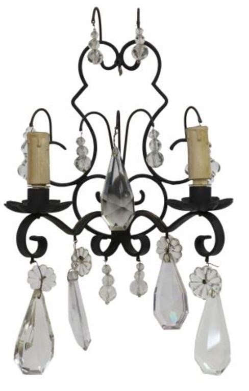 Appraisal: pair French wrought iron and crystal sconces th c having