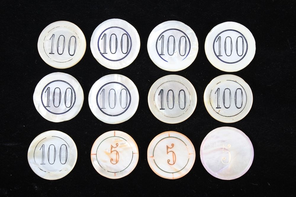 Appraisal: Early 's Mother of Pearl Poker Chip Collection Featured in