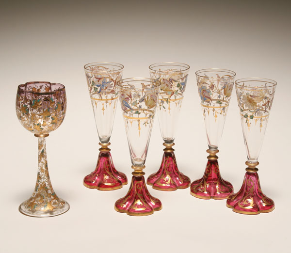 Appraisal: Gilt and enameled glass stemware probably Moser including five matching