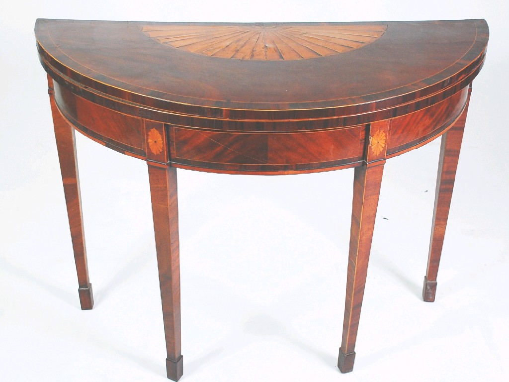 Appraisal: NINETEENTH CENTURY SHERATON REVIVAL INLAID MAHOGANY DEMI LUNE FOLD-OVER TEA