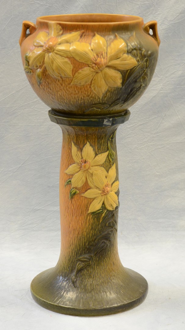 Appraisal: Roseville Pottery Clematis jardiniere and pedestal - pot h x