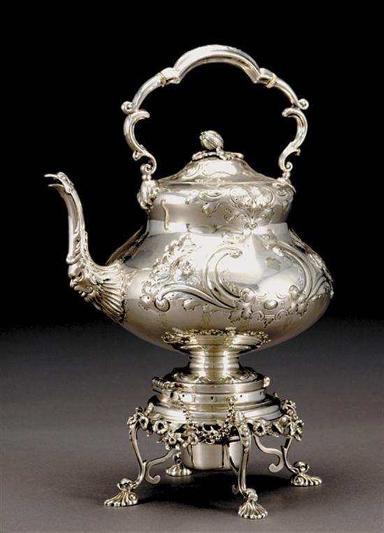 Appraisal: Regency style silverplate hot water kettle circa squat baluster form