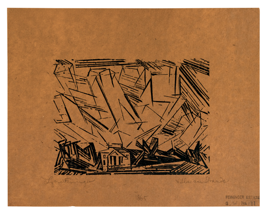 Appraisal: LYONEL FEININGER Villa am Strande Woodcut on oatmeal-tan carbon-copy paper