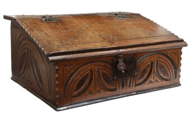 Appraisal: English carved oak bible box th th c slant top