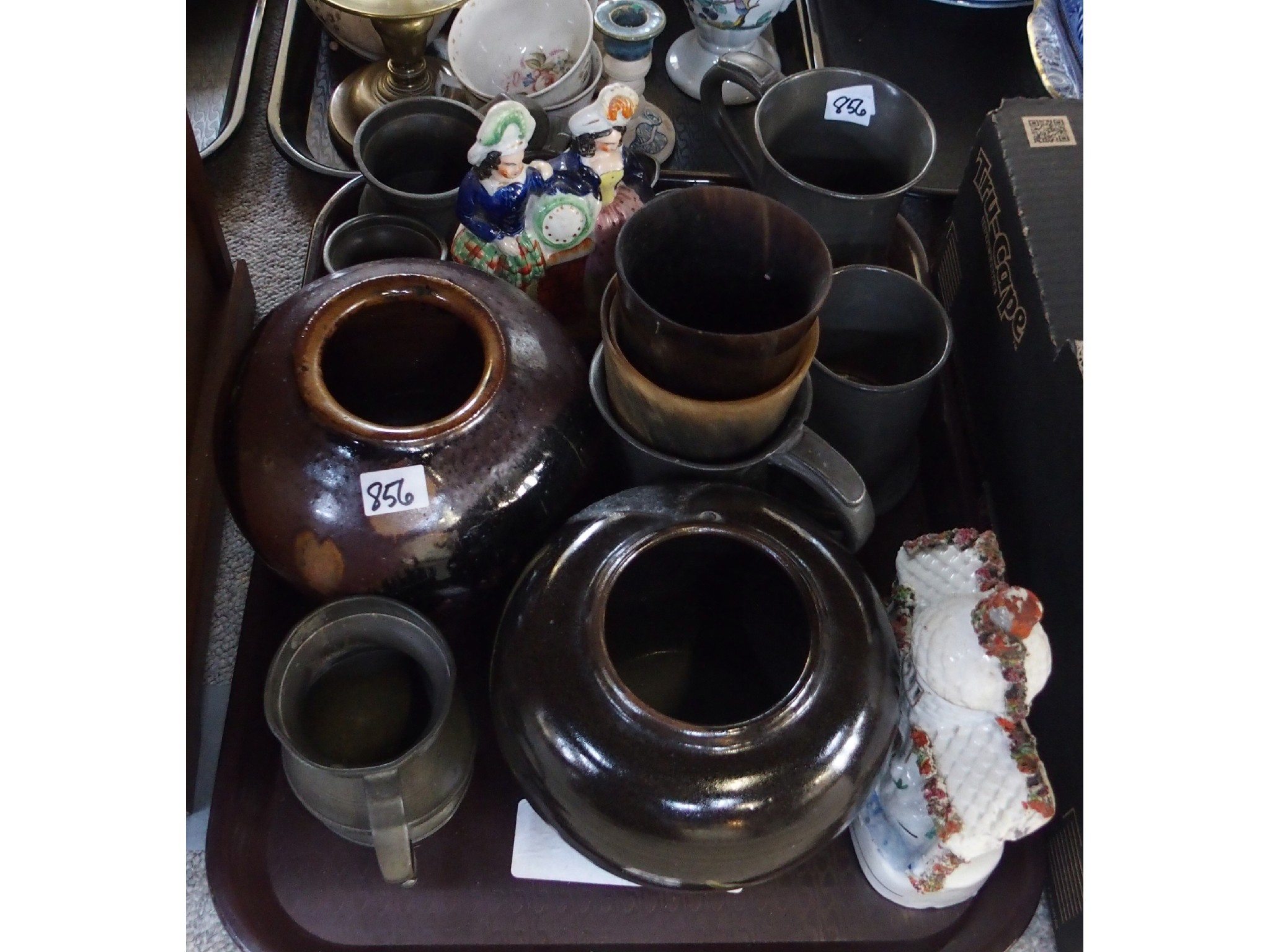 Appraisal: Tray comprising group of pewter mugs two horn cups pottery