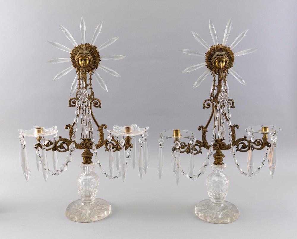 Appraisal: PAIR OF CONTINENTAL BRASS AND GLASS TWO-ARM CANDELABRA EUROPEAN TH