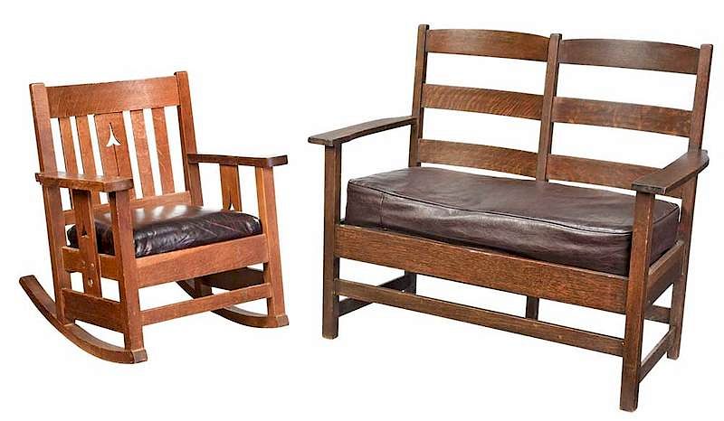 Appraisal: Limbert Double Settee With Rocking Chair American th century oak