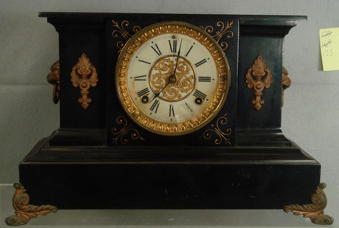 Appraisal: Ansonia black iron mantle clock losses to dial no pendulum