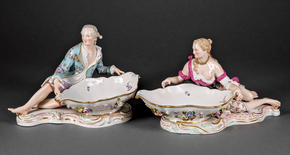 Appraisal: Pair of Meissen Polychrome and Gilt Porcelain Figural Sweetmeat Dishes