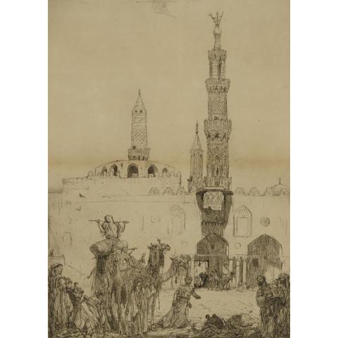 Appraisal: Marius Bauer - FIGURES ON CAMELS OUTSIDE A MOSQUE Dutch