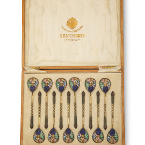 Appraisal: A Cased Set of Russian Enameled Silver-Gilt Spoons TH TH