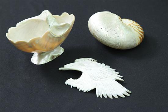 Appraisal: THREE CARVED SEASHELLS Including one carved nautlius shell featuring cut