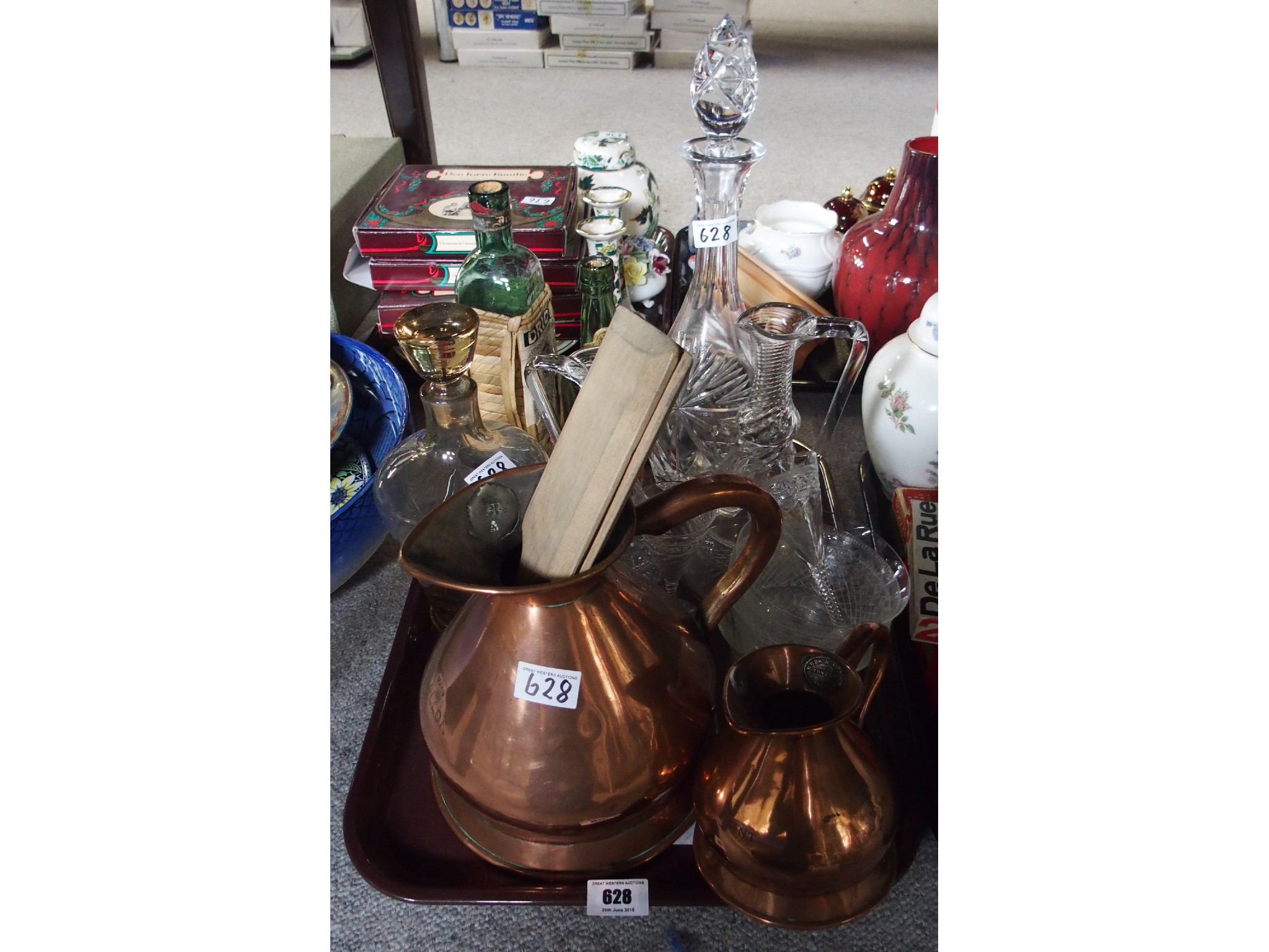 Appraisal: Tray comprising two Farrow Jackson copper jugs two glass decanters