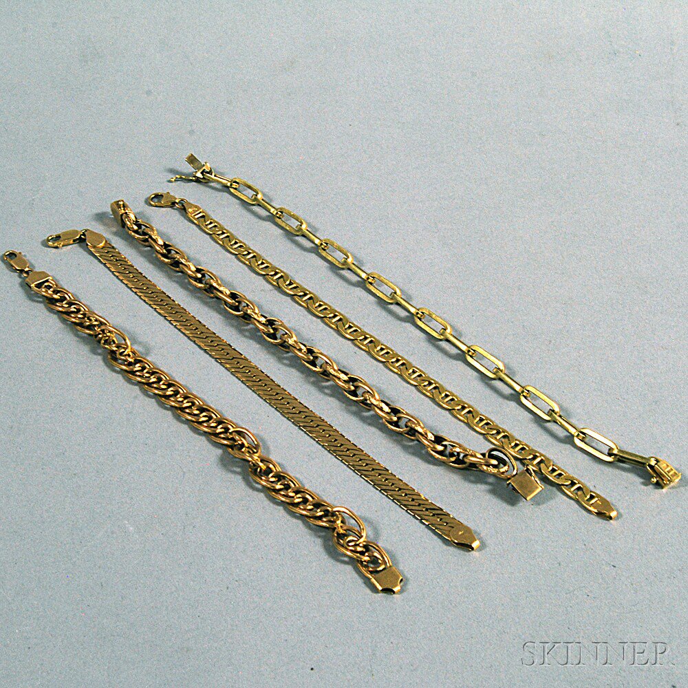 Appraisal: Five kt Gold Chain Bracelets various types of chains one