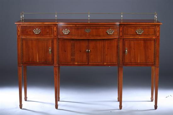 Appraisal: HEPPLEWHITE STYLE INLAID YEW WOOD SIDEBOARD th century String-inlaid bow-front