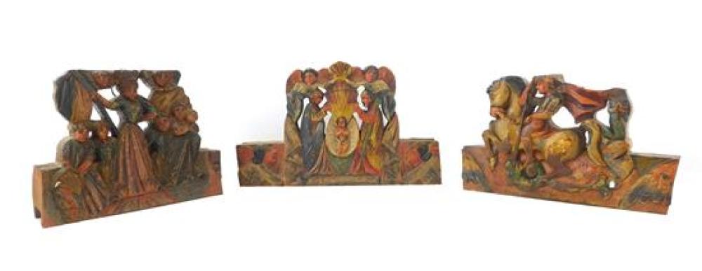 Appraisal: Three th C polychromed carved panels from Sicilian donkey cart