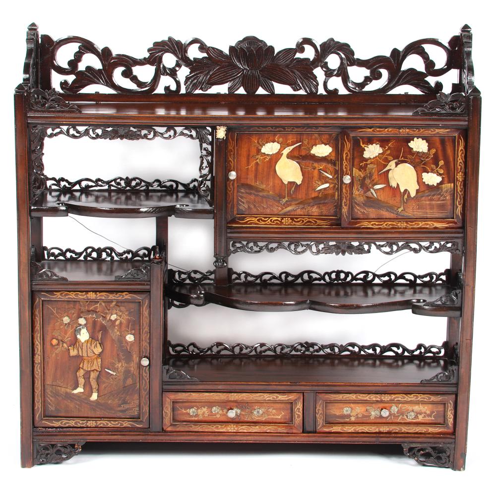 Appraisal: JAPANESE KAZARIDANA HARDWOOD WALL CABINET WITH ORNAMENTAL CARVING AROUND SHELVES