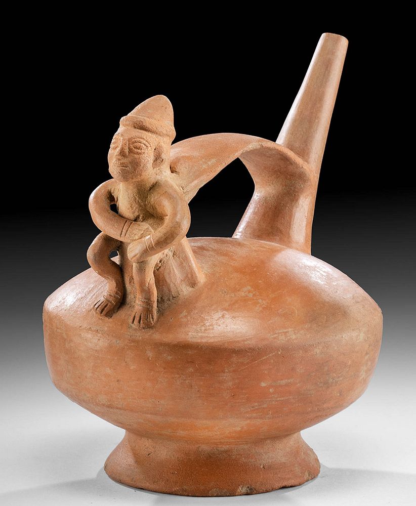 Appraisal: Salinar Pottery Whistling Stirrup Vessel w Figure Pre-Columbian north coast