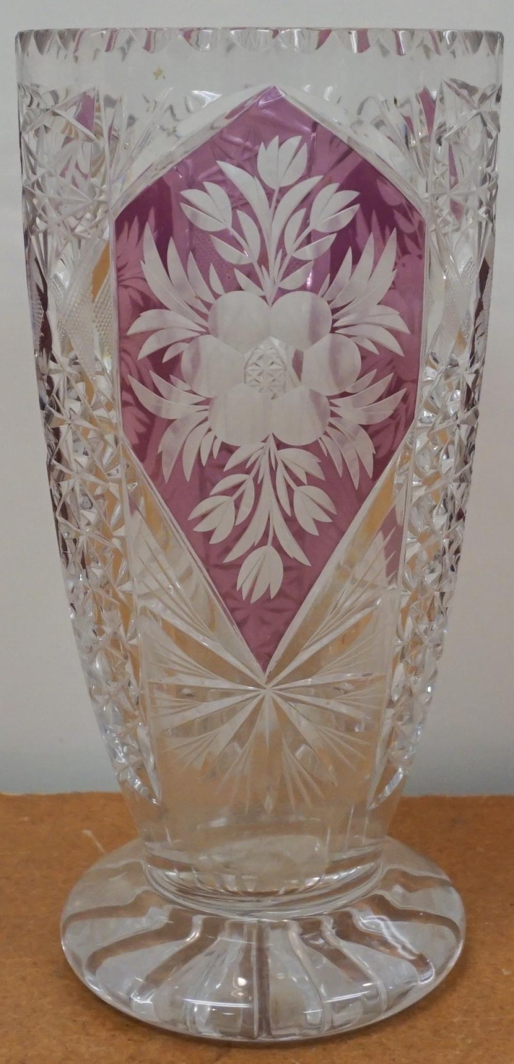 Appraisal: European Amethyst to Clear Cut Crystal Footed Vase Small chips