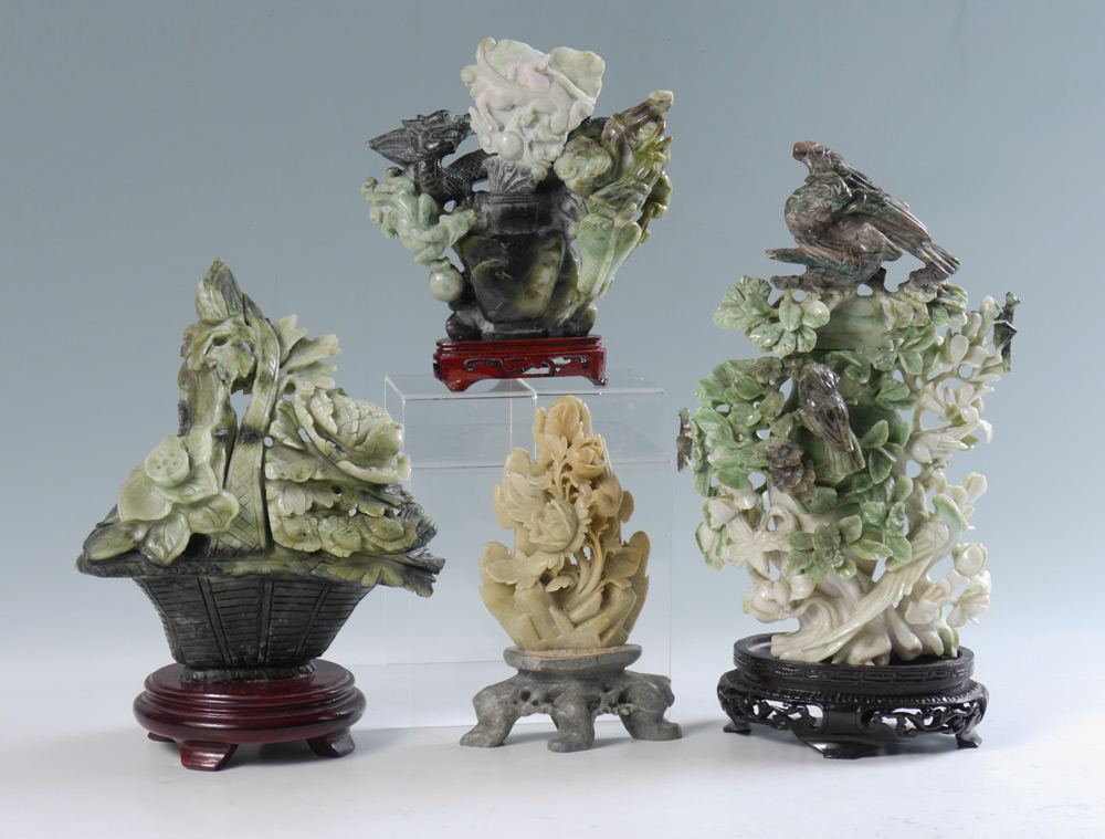 Appraisal: PIECE CHINESE CARVED STONE FLORAL GROUPS pieces total to include