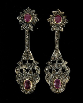 Appraisal: Georgian-Inspired Ruby and Diamonds Earrings Fashioned in sterling silver and