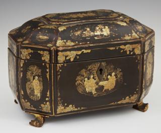 Appraisal: Chinese Gilt Decorated Black Lacquer Octagonal Tea Caddy early th