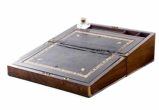 Appraisal: English brass-inlaid rosewood writing box late th century hinged lid