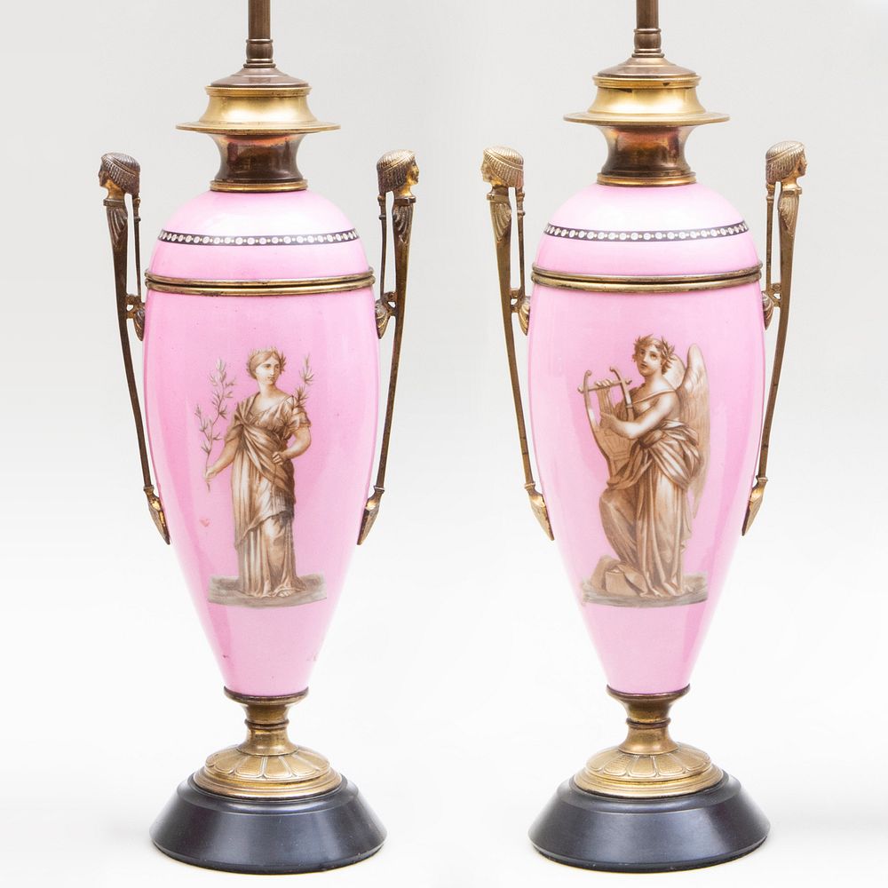 Appraisal: Pair of French Gilt-Metal-Mounted Pink Ground Porcelain Vases and Covers