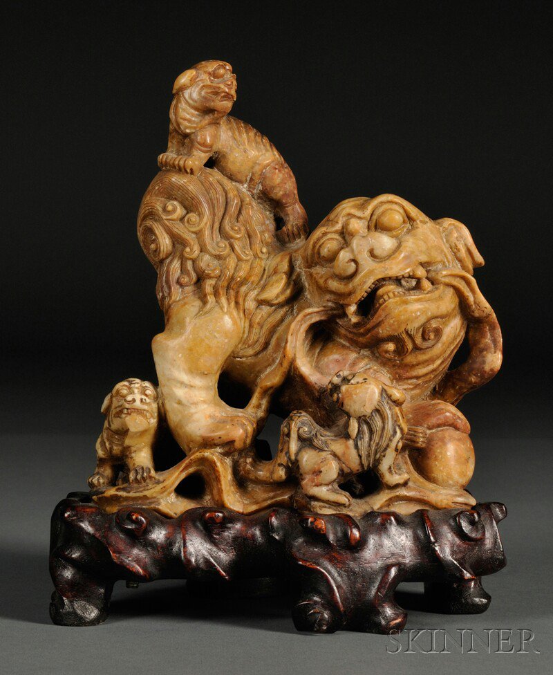 Appraisal: Soapstone Carving on Wood Stand China depicting three cubs climbing