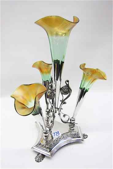 Appraisal: VICTORIAN ART GLASS SILVERPLATED EPERGNE having four trumpet form art