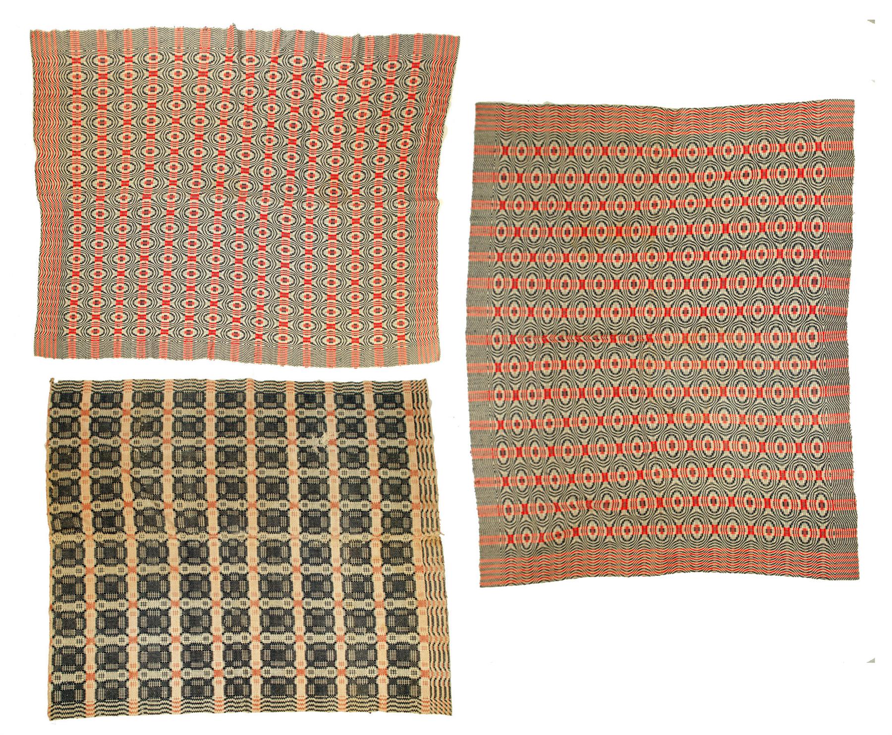 Appraisal: THREE OVERSHOT COVERLETS American th century wool and cotton Pair