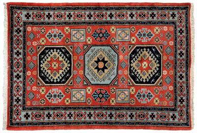 Appraisal: Kazak style Persian rug three square medallions on pale salmon