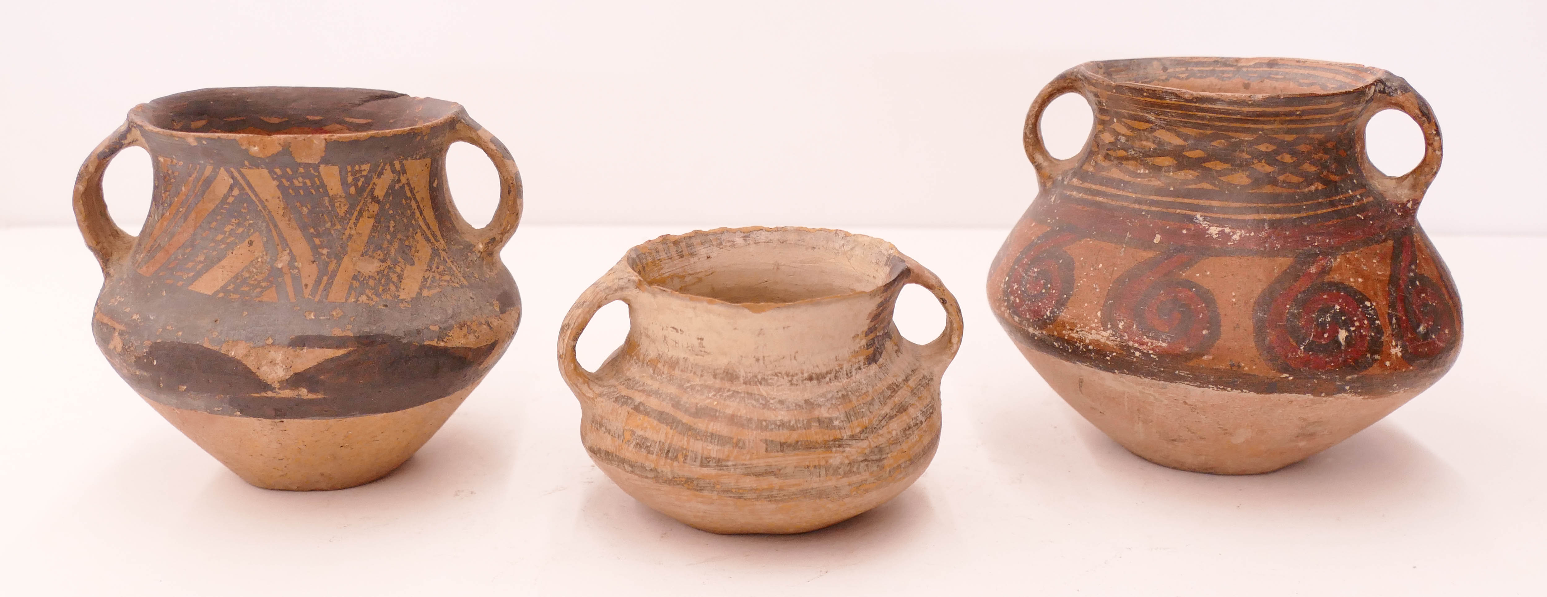 Appraisal: pc Chinese Ancient Neolithic Handled Jars '' to '' Decorated