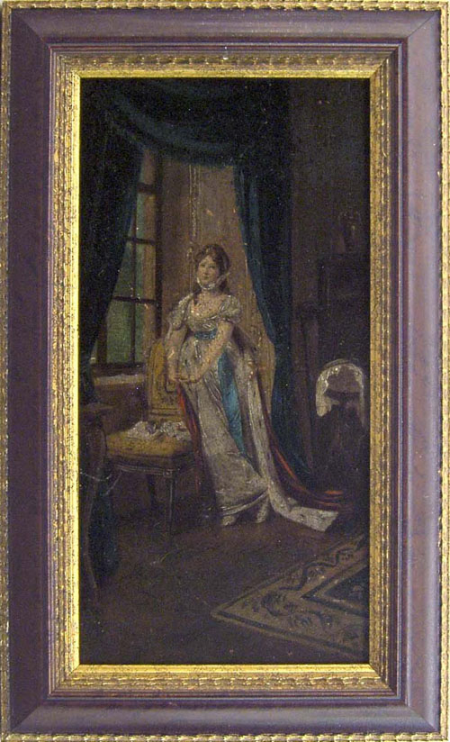 Appraisal: Oil on board interior scene late th c depicting Queen