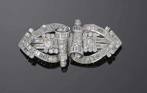 Appraisal: DIAMOND DOUBLE-CLIP BROOCH France ca Platinum Decorative brooch the clip